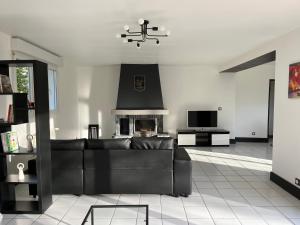 sala de estar con sofá negro y chimenea en Gîte à l’orée du pré en Villiers-Saint-Benoît