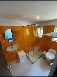a bathroom with a toilet and a sink and a shower at LA FLORESTA ISLA DEL SoL in Prado