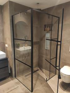 a shower with a glass door in a bathroom at Vakantiehuisje Opdekamp in Merselo +11 photos