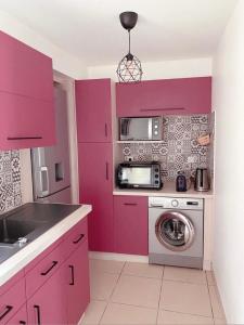 a kitchen with pink cabinets and a washing machine at Maison La demoiselle de Chambord in Huisseau-sur-Cosson