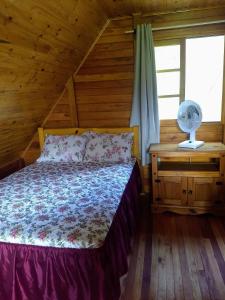 een slaapkamer met een bed in een houten kamer bij Chalé Recanto da Tiriva in Urubici