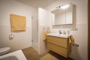 a bathroom with a sink and a toilet and a shower at Ferienwohnung Staufenpanorama mit herrlicher Aussicht in Bad Reichenhall +30 photos