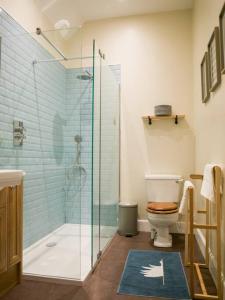 a bathroom with a toilet and a glass shower at Stunning Edinburgh 1820s stables converted studio in Edinburgh