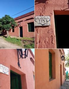 uma colagem de imagens de um edifício com um sinal em La Casa De La Gruta em Mina Clavero
