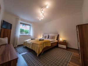 sypialnia z łóżkiem i oknem w obiekcie ERZHAUS Apartments w mieście Eisenerz