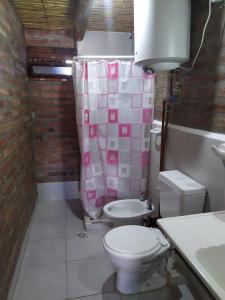 a bathroom with a toilet and a shower curtain at Piedra Campana alojamiento in Tilcara
