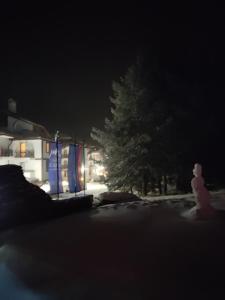 a snowman sitting in the snow in front of a tree at Iv Apartment in The Wonderful Rhodope Mountain in Smolyan