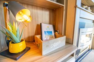 a shelf with a lamp a plant and a box at Sea 'n' Stars Platinum Plus Holiday home with Views, Free Wifi and Netflix in Camber