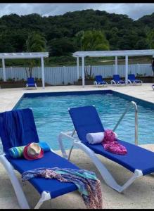 2 sillas azules sentadas junto a una piscina en Natty’s Cozy Beach house in Hanover Jamaica en Point