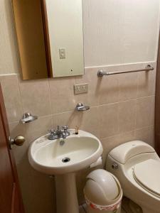 La salle de bains est pourvue d'un lavabo, de toilettes et d'un miroir. dans l'établissement Comfort Hostel, à Guatemala