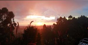 um pôr-do-sol no céu com árvores em primeiro plano em Hotel Natura Cocora em Salento