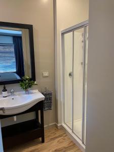 a bathroom with a sink and a shower at Cardrona Mountain Villa in Cardrona