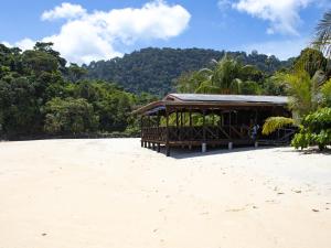 een paviljoen op het strand tegenover een resort bij BUSHMAN TIOMAN in Tioman Island