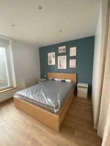 1 dormitorio con cama y pared azul en Superbe appartement Moderne Hyper centre de Vittel en Vittel