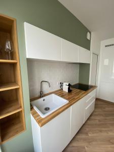 a kitchen with a white sink and wooden counter top at Superbe appartement Moderne Hyper centre de Vittel in Vittel