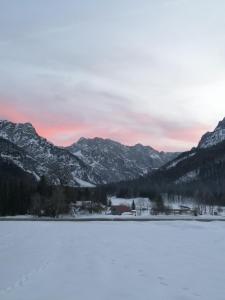 a snow covered lake with mountains in the background at House Nordika in Rateče