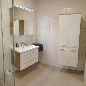 een badkamer met een wastafel en een spiegel bij Albarosa Appartemant in Öblarn