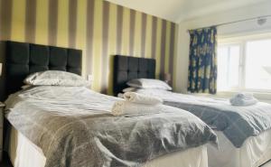 twee bedden in een slaapkamer met handdoeken erop bij The Stag in Northwood