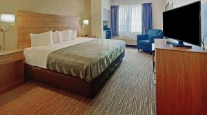 Quality Suites University في الباسو: غرفة فندقية بسرير وتلفزيون بشاشة مسطحة