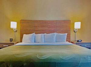 a bedroom with a large bed with a wooden headboard at Quality Suites University in El Paso