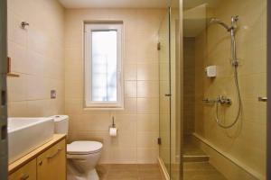 een badkamer met een toilet, een douche en een wastafel bij City Pearl Dntwn Apts in Heraklion