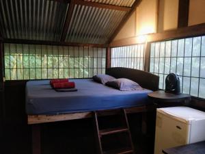 a bed in a room with some windows at Los Mineros Guesthouse in Dos Brazos