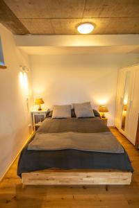 a large bed in a room with two lamps at Apartment im Wanderparadies Siebengebirge in Königswinter