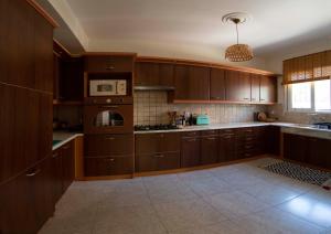 eine Küche mit Holzschränken und einer Mikrowelle in der Unterkunft The Bird's Nest Luxury Villa in Nafplio