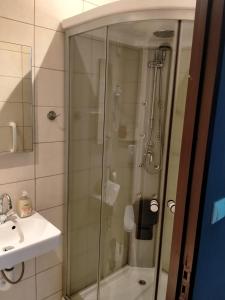 a shower with a glass door next to a sink at Op de Burg in Venlo