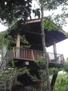 a house with a balcony in the middle of trees at Wilpattu Tree House in Wilpattu