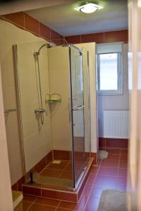 a shower with a glass door in a bathroom at Slovakia; space, tranquility and plenty of opportunities! Be welcome in Strawberry House! in Brzotín