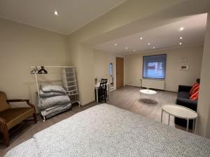um quarto com uma cama e uma sala de estar em city rooms luxembourg no Luxemburgo