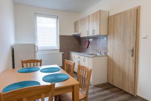 a kitchen with a table and chairs in a kitchen at Apartmány SKI KRASLICE - NOVĚ OTEVŘENO in Kraslice