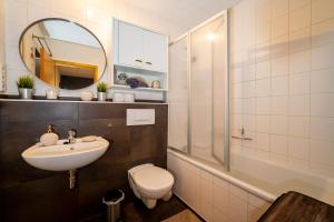 a bathroom with a sink and a toilet and a mirror at Bördeapartment 1 in Vahldorf