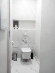 une salle de bain blanche avec toilettes et murs en marbre dans l'établissement Le Huppé, Hypercentre, proche Bastille, WIFI illimité & Netflix, à Grenoble 7 autres photos