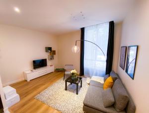 un salon avec un canapé et une télévision dans l'établissement Le Huppé, Hypercentre, proche Bastille, WIFI illimité & Netflix, à Grenoble