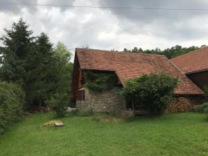 una antigua casa de piedra con un patio verde en Pace in Kuvaszó-Casă la cheie en Filia