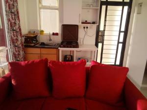 ナイロビにあるStylish Studio on Ngong Roadの赤いソファーと赤い枕が備わるキッチン付き