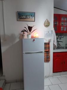 a white refrigerator in a kitchen with red cabinets at Le petit nid vanillé in Sainte-Marie