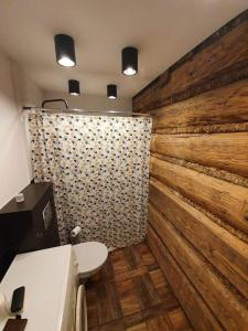 a bathroom with a white toilet and a wooden wall at Domek Tuni in Pewel Wielka
