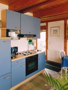 a kitchen with blue cabinets and a stove at Zentrale Ferienwohnung auf dem schönen Hunsrück in Halsenbach