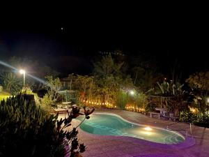 una piscina in un cortile di notte di Hotel de Montaña El Pelicano a San Isidro de El General