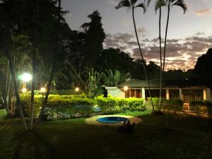 a backyard at night with a pool and palm trees at CHACARA SANTA RITA in Extrema