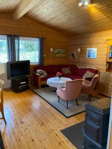 uma sala de estar com um sofá vermelho e uma televisão em Waterfront mountain view cabin Lofoten em Liland