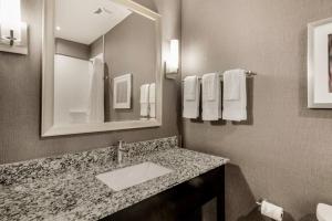 a bathroom with a sink and a mirror at Holiday Inn Hotel & Suites Silicon Valley – Milpitas, an IHG Hotel in Milpitas