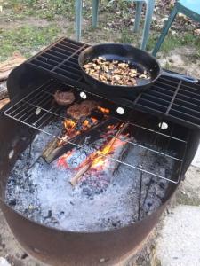 a grill with two pans on top of it at Serene Westside Tiny Cabin in Clinton