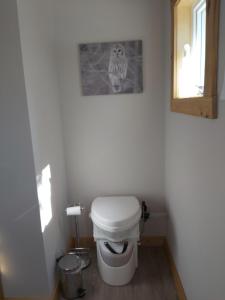 a bathroom with a toilet with a picture on the wall at Serene Westside Tiny Cabin in Clinton