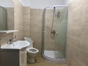 a bathroom with a shower and a toilet and a sink at Mares Rentals Residence Magurele in Măgurele