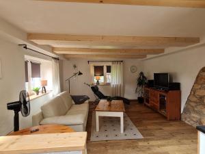 a living room with a couch and a table at Ferienhaus Landpause in Frohburg