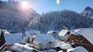 a village covered in snow with mountains in the background at Apartments Seventy Seven in Kranjska Gora